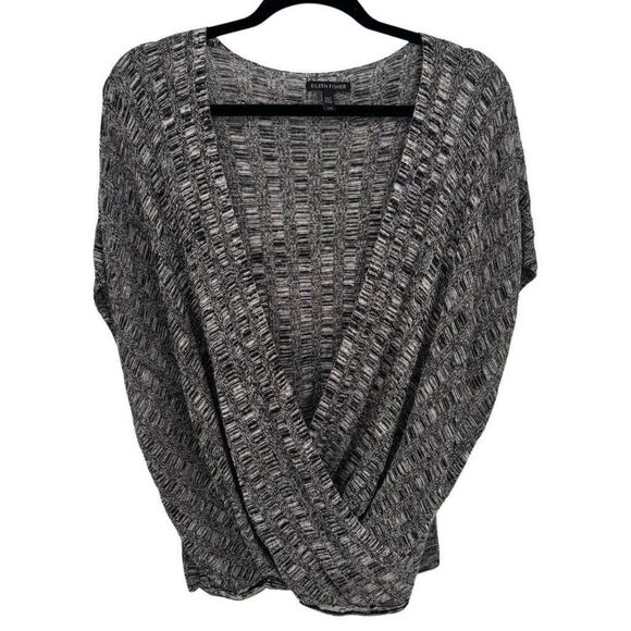 Eileen Fisher Silk/Linen Blend Surplice Wrap Sweater Black/White/Grey Size Large - Picture 1 of 7